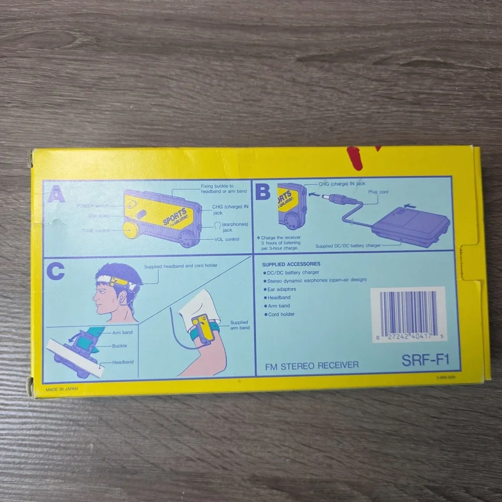 Sony Sportsband FM Stereo Receiver Walkman Yellow SRF-F1 Vintage With Box